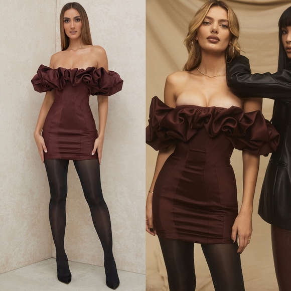 House of CB Dresses & Skirts - HOUSE OF CB 'Selena' Raisin Satin Puff Shoulder Dress